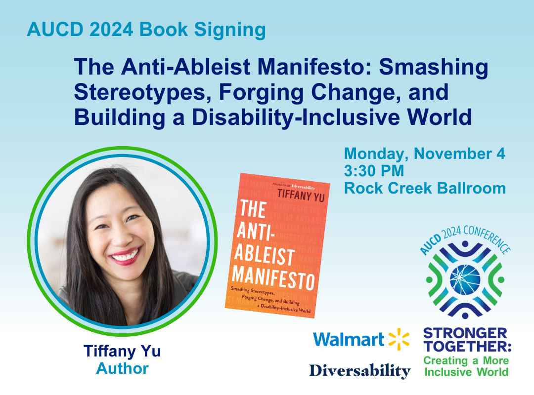 Image of Tiffany Yu, an Asian-American woman with long dark hair, the orange cover of her book is also pictured, titled: The Anti-Ableist Manifesto: Smashing Stereotypes, Forging Change, and Building a Disability-Inclusive World. 